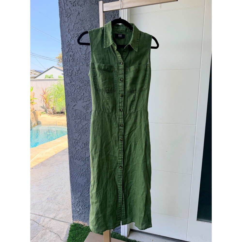 KUT from the Kloth Olive Green Linen Blend Sleeveless Button Front Midi Dress
